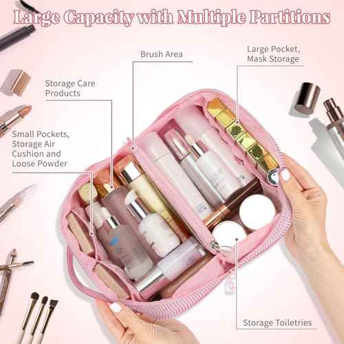 Travel Makeup Bag for Women, 2Pcs Portable Personalized Initial Makeup Organizer Bag, Open Flat Large Cosmetic Bag With Travel Essential Pouch (Pink Letter A)