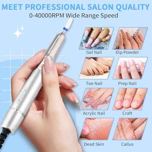 Kredioo Professional Nail Drill Brushless 40,000RPM Rechargeable 2-in-1 Portable Electric Nail File Ultra Silent Salon Must Haves Nail Tool Kit Removing Acylic Gels