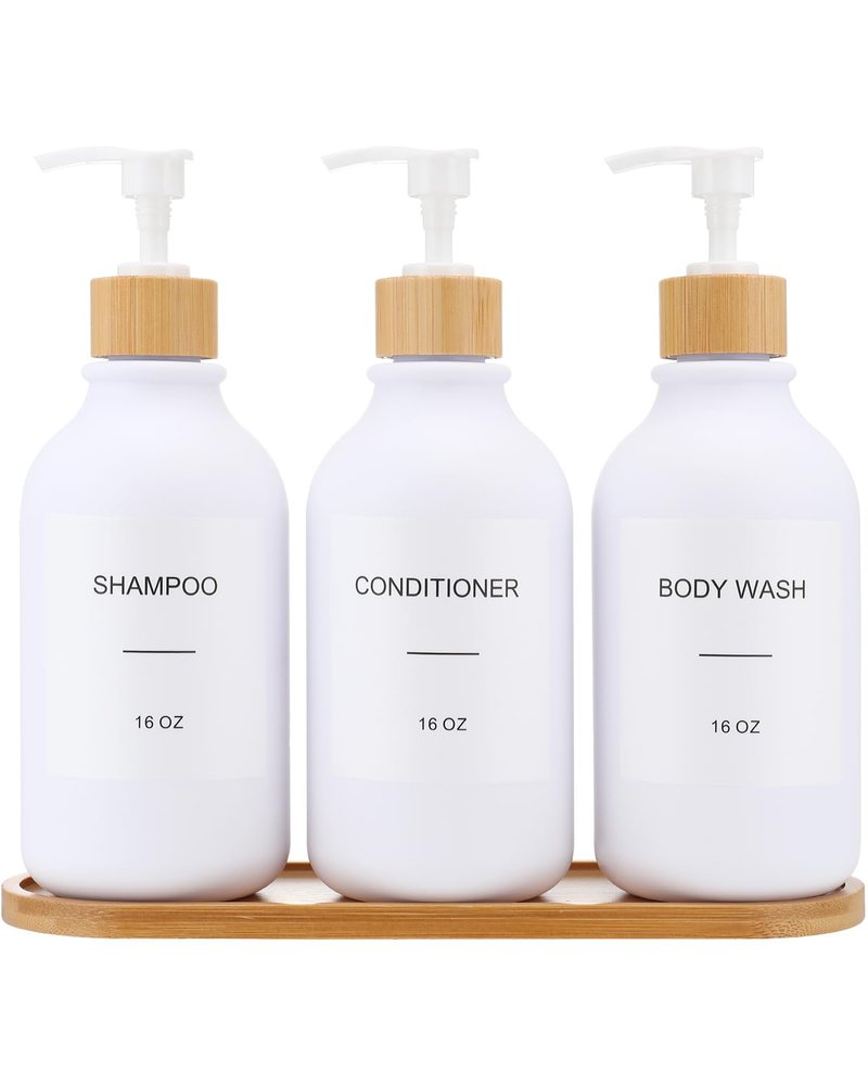 Shampoo and Conditioner Dispenser, Shower Soap Dispenser with Bamboo Pumps/Tray, Refillable Shampoo and Conditioner Bottles, Shower Shampoo Dispenser 3 Chamber, 16oz(White)