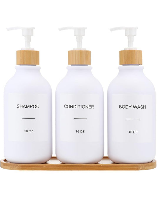 Shampoo and Conditioner Dispenser, Shower Soap Dispenser with Bamboo Pumps/Tray, Refillable Shampoo and Conditioner Bottles, Shower Shampoo Dispenser 3 Chamber, 16oz(White)