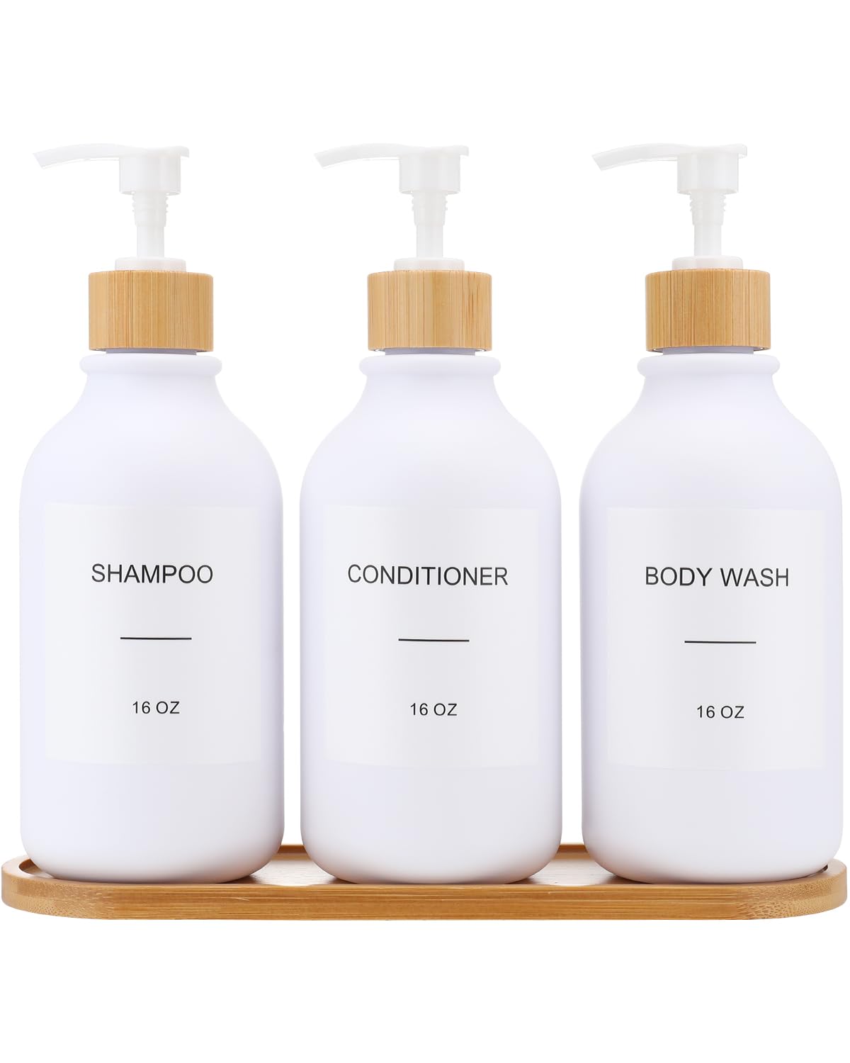Shampoo and Conditioner Dispenser, Shower Soap Dispenser with Bamboo Pumps/Tray, Refillable Shampoo and Conditioner Bottles, Shower Shampoo Dispenser 3 Chamber, 16oz(White)