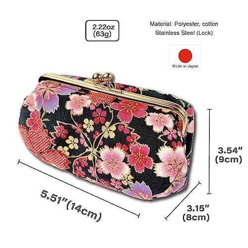 Kiss Lock Small Makeup Bag for Purse [ Made in Japan] Traditional Edo Komon Design Cute Cosmetic Pouch (Cherry blossom (Black))