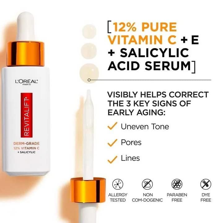 L'Oreal Paris Vitamin C Serum - 12% Derm Grade Formula with E & Salicylic Acid | 1 Fl. Oz.