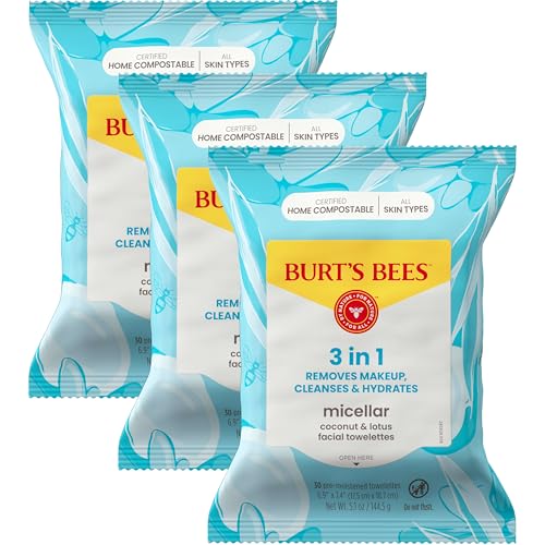 Burt's Bees Stocking Stuffers, Coconut & Lotus Face Wipes, for All Skin Types, Micellar Makeup Remover & Facial Cleansing Towelettes, Skin Care Christmas Gifts, 30 Ct. (3-Pack)