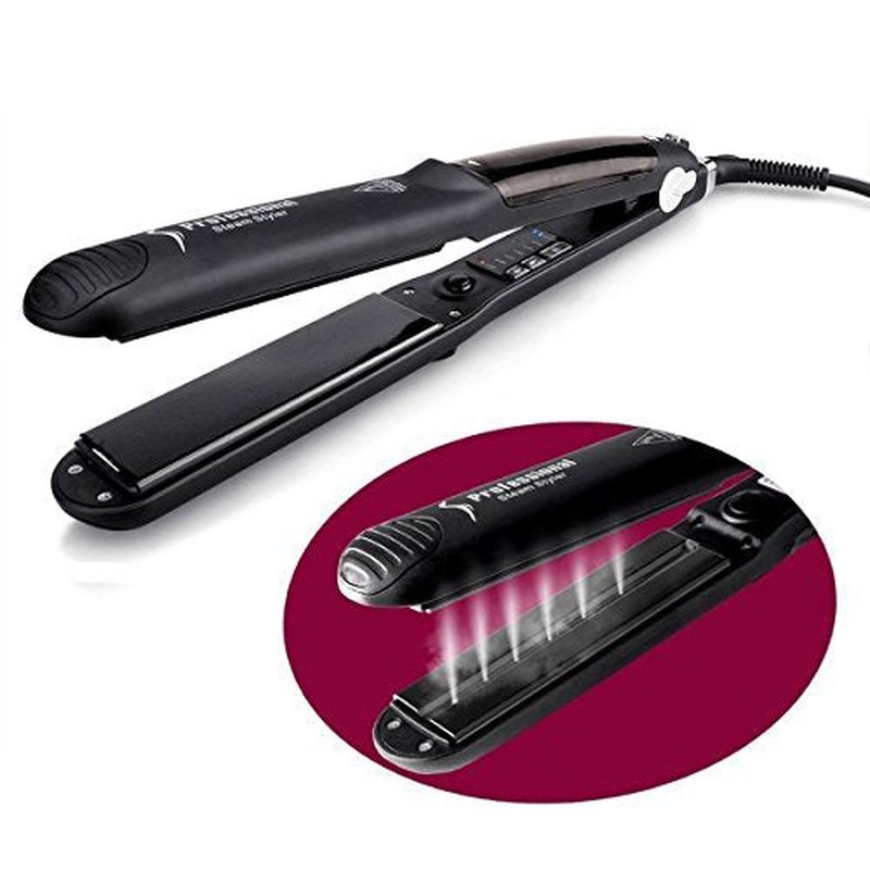 Steam Hair Straightener Flat Iron Professional Ceramic Tourmaline 2-in-1 Straightening Iron, Adjustable 300-450F Salon Heat, 110-220V Dual Voltage, Black