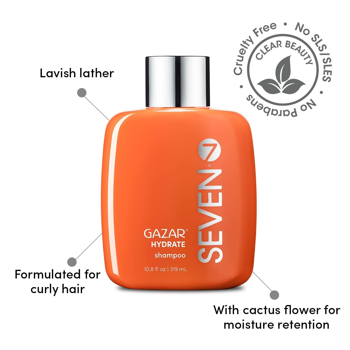 SEVEN Hair Care Gazar Hydrate Sulfate Free Shampoo for Women & Men, Sulfate & Paraben Free, Cruelty Free with Pro Vitamin B5, Sugarcane + Moisturizing Cactus Flower for Dry Hair, Made in USA