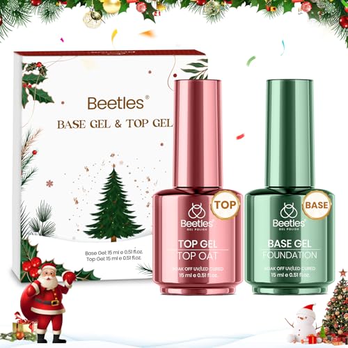 Beetles No Wipe Gel Top Coat and Base Coat Set, 2 Pcs 15ml Top Coat Gel Nail Polish & Gel Base Shine Finish Long Lasting, Soak Off LED Lamp Nail Art Design Manicure Gifts for Women Christmas Limited