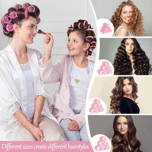 Obeoby 50 Pcs in 1 Pack 4 Sizes Hair Rollers with Gift Makeup Bag, 24 Pcs Self Grip Rollers and Clips, Comb, 25/36/48/60 mm Curlers for Volume Medium Long Hair