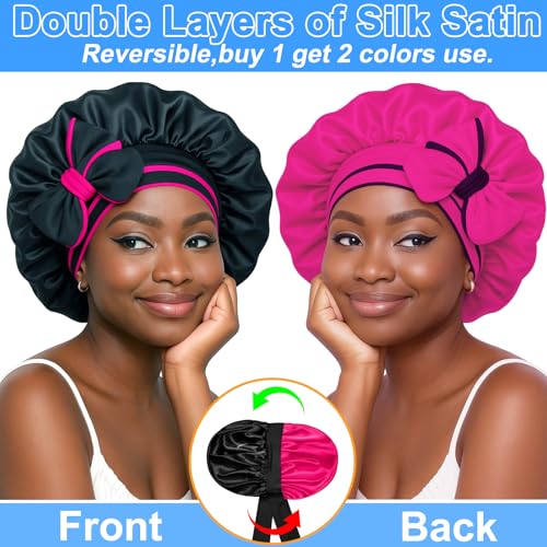 Reversible Silk Bonnet for Sleeping Women - Double Layer & Color Satin Bonnet, Adjustable Hair Cap for Curly & Textured Hair (Rose Red & Black)