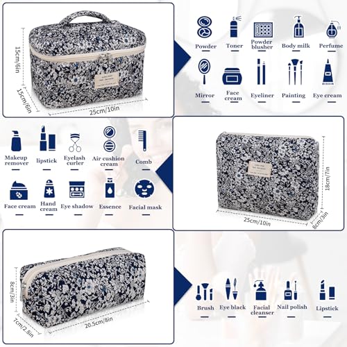 Makeup Bag Set, Quilted Makeup Bag, Large Floral Cosmetic Bag for Women, Cute Cotton Makeup Bags, Flower Travel Toiletry Organizer Bag (Black Rose Flower)