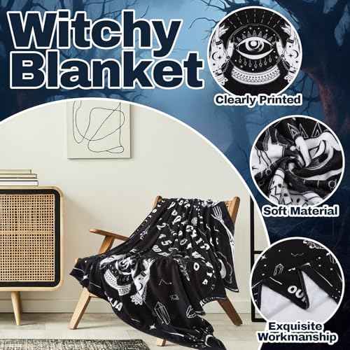 7 Pcs Witchy Gifts for Women Gothic Ouija Blanket Astrology Witch Canvas Tote Bag Makeup Bag Glass Cup Necklace Witchy Stuff Spooky Favors Gothic Gifts for Women
