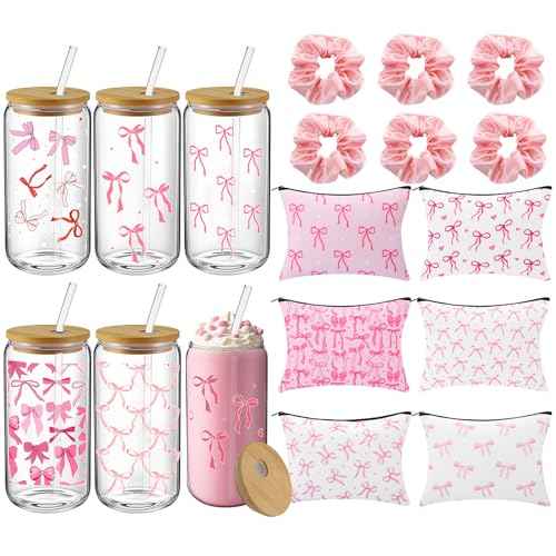 18 Pcs Pink Bow Glass Cups with Lids Coquette Bow Cosmetic Makeup Bag Pink Hair Scrunchies Ties for Women Birthday Wedding Gift Bridesmaid Bridal Valentines Christmas