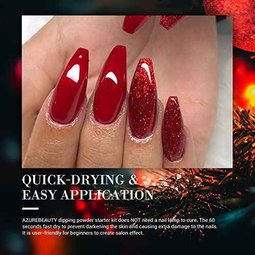 AZUREBEAUTY Dip Powder Nail Set, 6 Colors Glitter Red Green Silver Gold Nail Dipping Powder Starter Kit French Nail Art Sparkle Stunning Manicure Salon DIY No Need Nail Lamp Cured
