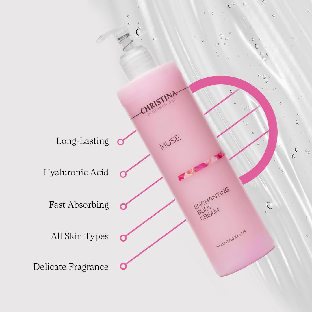 CHRISTINA Muse Enchanting Body Cream - Hyaluronic Acid Moisturizer for All Skin Types - Advanced Peptide Firming Toning Body Lotion with Rosa Gallica Extract - Scented Hydration Cream - 300ml