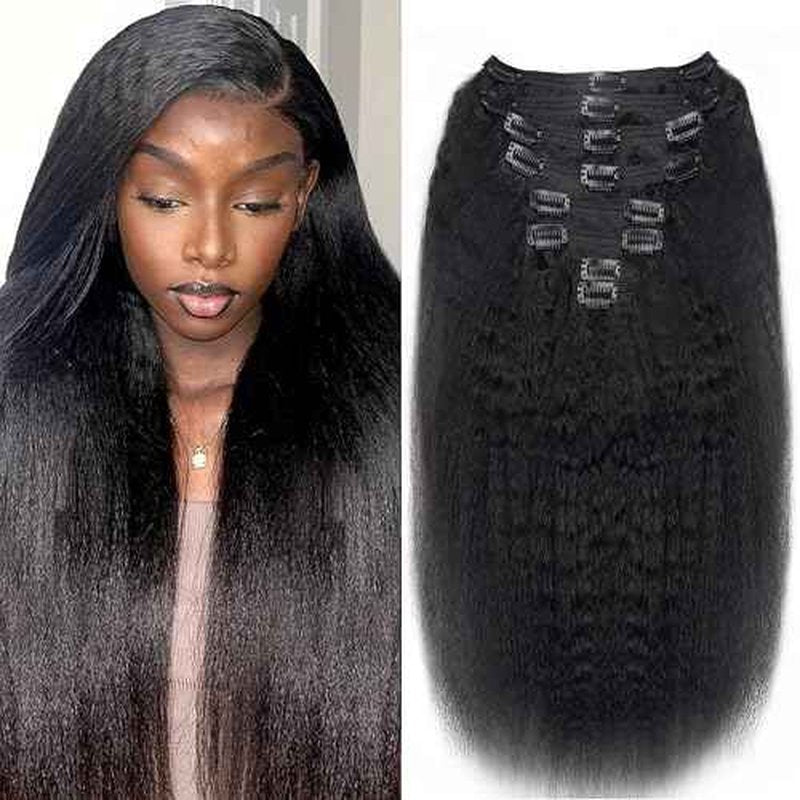 28 Inch Kinky Straight Clip In Hair Extensions Real Human Hair Kinky Straight Clip Ins #1B Natural Color Clip on Hair Extensions 8pcs with 18Clips Per Set 120g