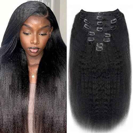 28 Inch Kinky Straight Clip In Hair Extensions Real Human Hair Kinky Straight Clip Ins #1B Natural Color Clip on Hair Extensions 8pcs with 18Clips Per Set 120g