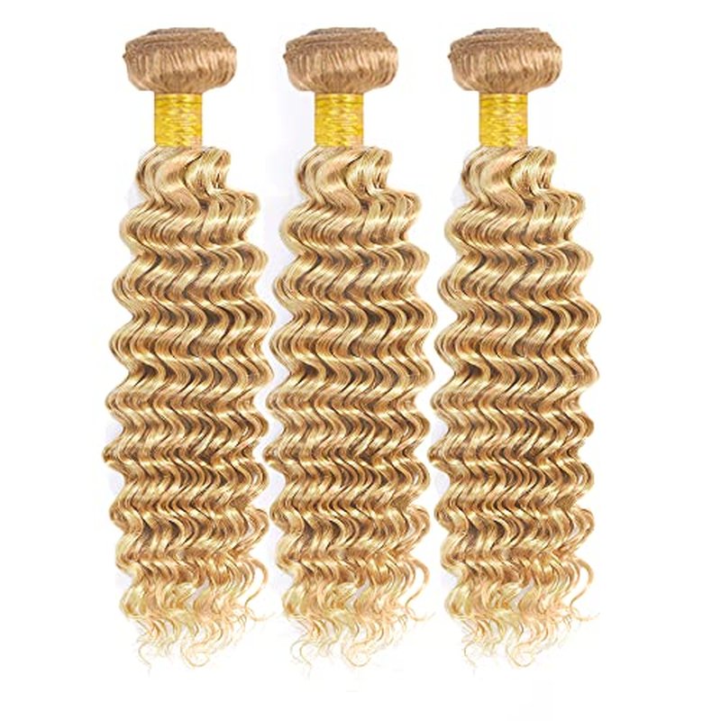 P27/613 Human Hair Bundle Blonde Deep Wave Bundle 613 Wet and Wavy Bundles 30 30 30 inch #27 and #613 Deep Curly Bundles