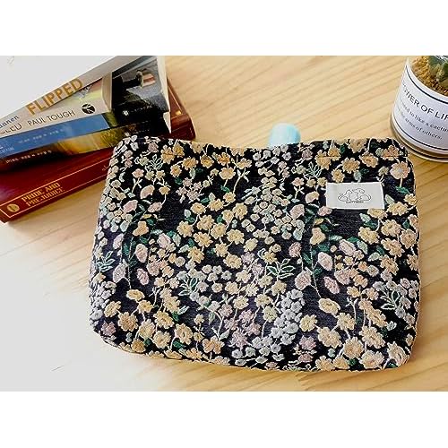 HAPPYHEIDI Women Aesthetic Travel Makeup Bag Accessory Zipper Pouch for Cosmetics, Purse Organizer, Embroidery Lucky Flowers Black