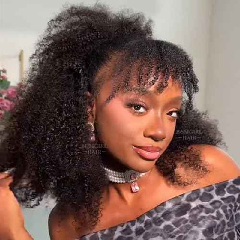 BGM GIRL Half Wig Human Hair Kinky Curly 3 in 1 Wigs Beginner Friendly Flip Over Drawstring Glueless Wig Kinky Curly Ready to Go Seamless Clip in Wigs Natural Black Color 22 Inch