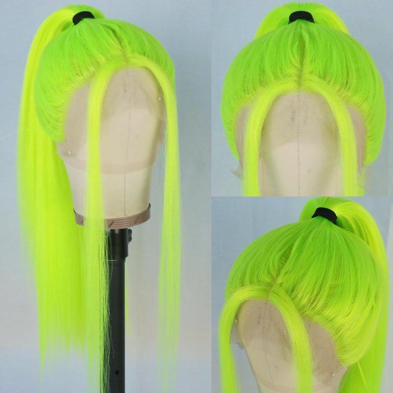 Aubree Fluorescent Green Wigs for Women Neon Green Long Straight Lace Front Synthetic Wigs with Baby Hair Glueless Heat Resistant Hair Replacement for Cosplay Party Christmas gift
