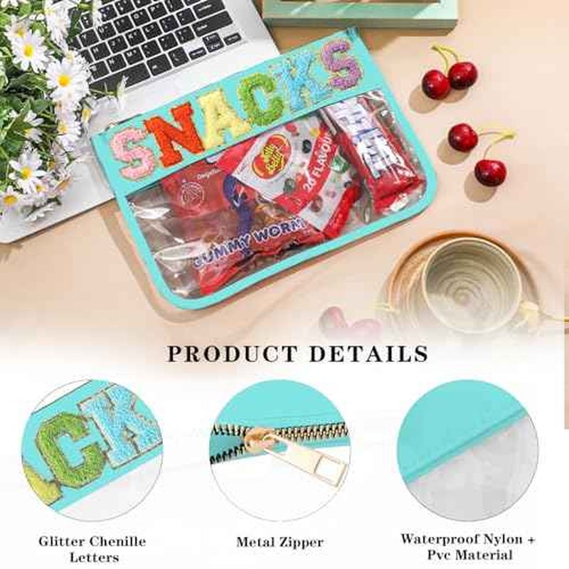 DYSHAYEN Chenille Letter Clear Zipper Pouch for Travel,Nylon Clear Cosmetic Bag,Makeup Travel Bag for Women Girls 11.8 Inches x 8.2 Inches