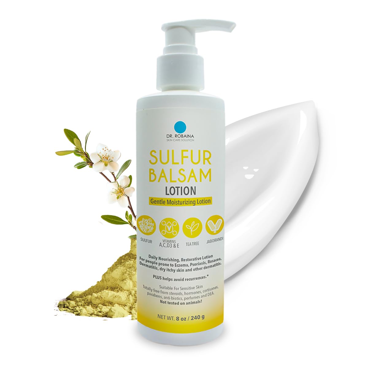 Dr. Robaina Sulfur Balsam Lotion - Lightweight Moisturizer for Dry, Itchy Skin - Calms Redness & Locks Hydration | 8 fl oz, USA Made