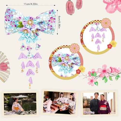 1pcs Japanese Style Hair Clips, Bowknot Tassel Hair Accessories Flower Kimono Traditional Hairpins Barrette Cherry Blossom Hair Clamp Bride Hanfu Accessory for Womens (Blue)