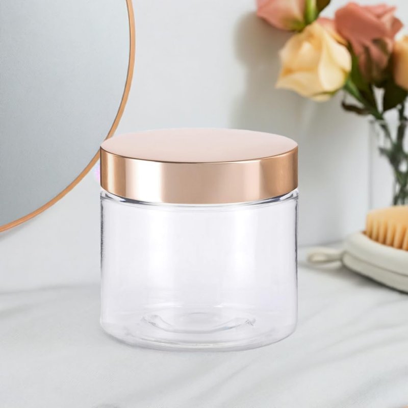 Clear PET Plastic Jars - 8 oz Refillable Storage with Luxury Gold Metal Lid | 6 Pack