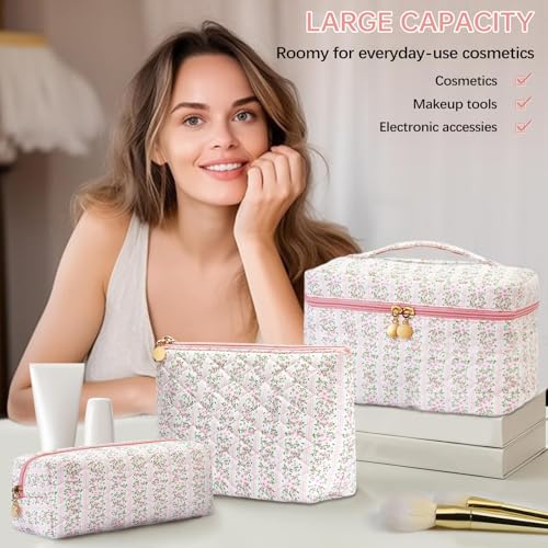 3Pcs Quilted Floral Makeup Bag Cosmetic Bag for Women Teen Girls,Cute Pink Make Up Bags,Aesthetic Large Cotton Cosmetic Pouch,Flower Coquette Travel Toiletry Organizer Storage Bag
