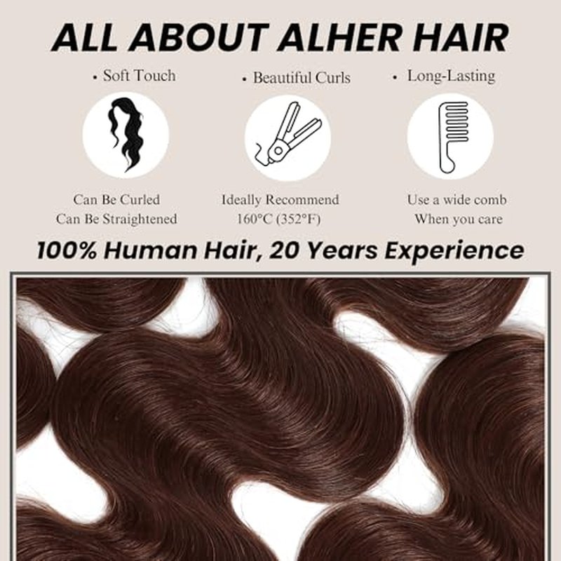 ALHER Color #4 Chocolate Brown Body Wave 4x4 Closure 12A Wavy Free Part Melt 4x4 Lace Closure 100% Virgin Remy Human Hair Brown Color Pre Plucked With Baby Hair Closure 16 Inch