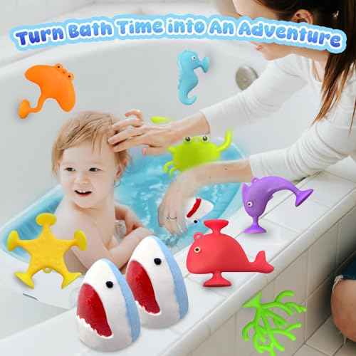 Shark Bath Bombs for Kids, 8 Surprise Bath Bombs with Sea Aninmals Inside & 4 Suction Cup Toys Outside, Natural Handmade Bubble Bath Ball Gift for Boys Girls Birthday Christmas