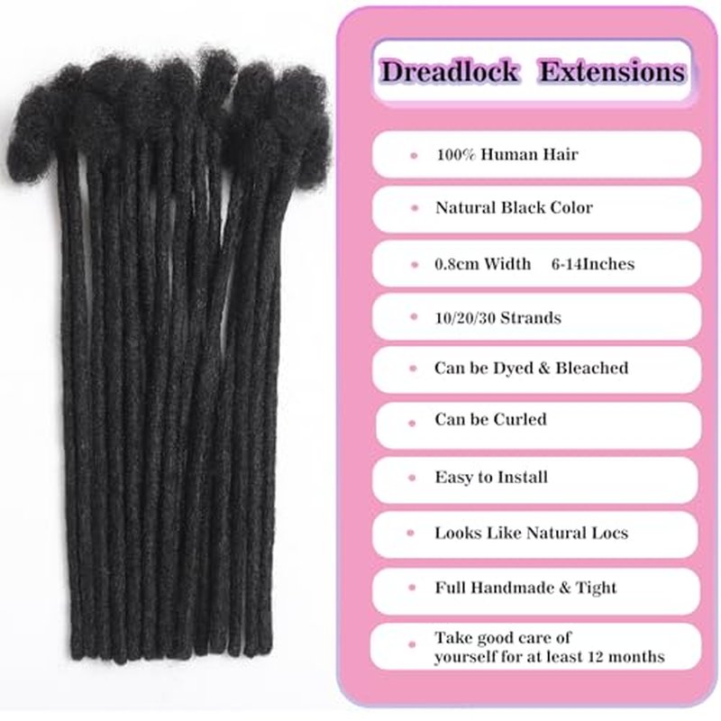 Loc Extension Human Hair 0.8cm Width 8inch 30 Strands 100% Full Handmade Permanent Dreadlock Extension Human Hair for Women/Men/Girl Can Be Dyed Bleached Curled (0.8cm,8Inch,30Strands£¬ Natual Black)