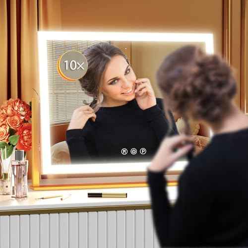Lighted Makeup Mirror, 17.3"x13" Hollywood Vanity Mirror with Lights, Three Color Lighting Modes, and 5X Magnification Mirror, Smart Touch Control, 360¡ÆRotation (Gold, Gift Box)