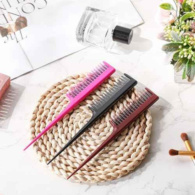 Leinuosen 3 Pcs Triple Teasing Comb for Women Plastic Rat Tail Comb Heat Resistant Pintail Tease Layer Tool for Thick Fine Hair Styling Backcombing Volume Structure(Black, Pink and Brown)