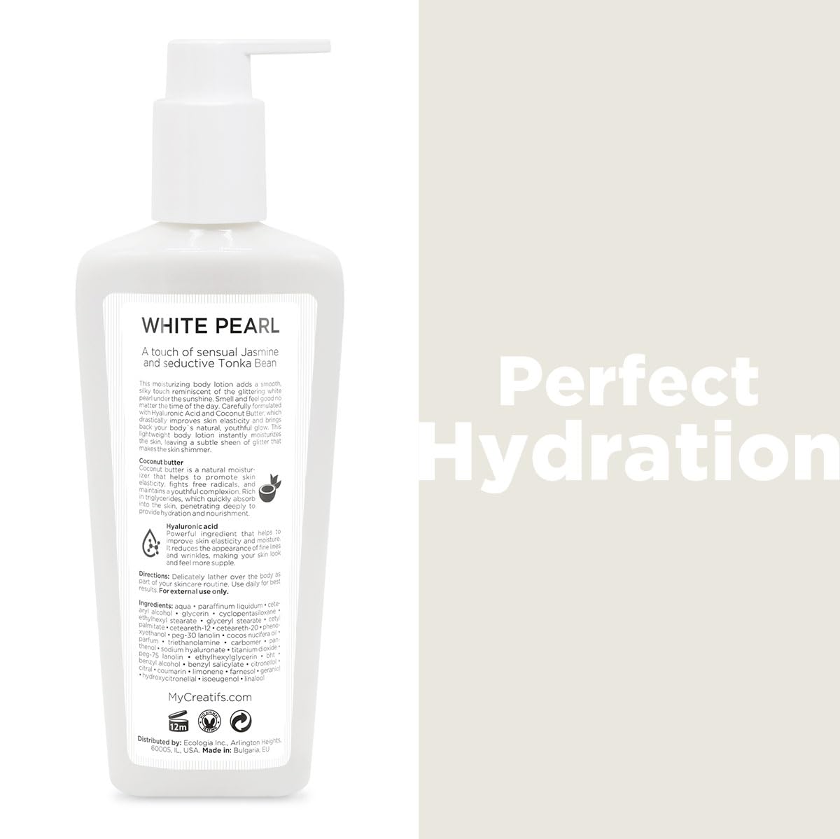Cosmétiques Créatifs White Pearl Moisturizing Shimmering Body Lotion with Coconut Butter and Hyaluronic Acid, 8.5 fl. oz.