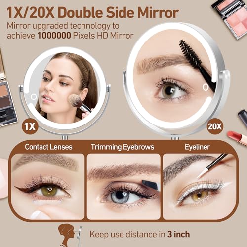 Magnifying Mirror with Light 20X, Height-Adjustable Lighted Makeup Mirror with Magnification, Double-Sided Aluminum Alloy LED Mirrors, 3 Lighting Modes Ideal for Bathroom Make-up, Silver