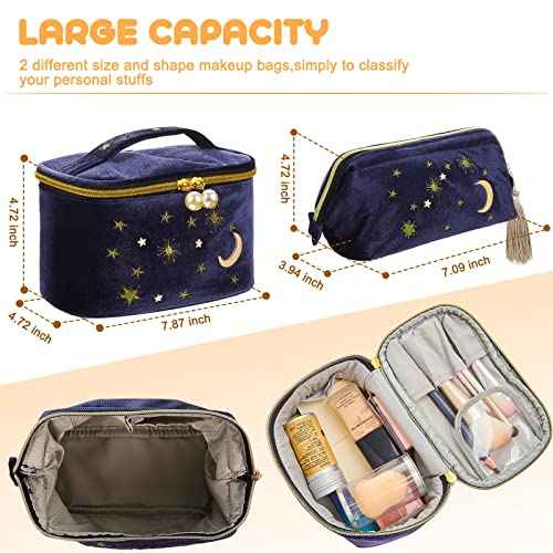 Patelai 2 Pcs Velvet Stars Makeup Bag Cosmetic Bag Handy Travel Starry Makeup Pouch Portable Embroidered Pouch Toiletry Wash Bag Cute Storage Bag Clutch Handbags(Navy,Sun Moon)