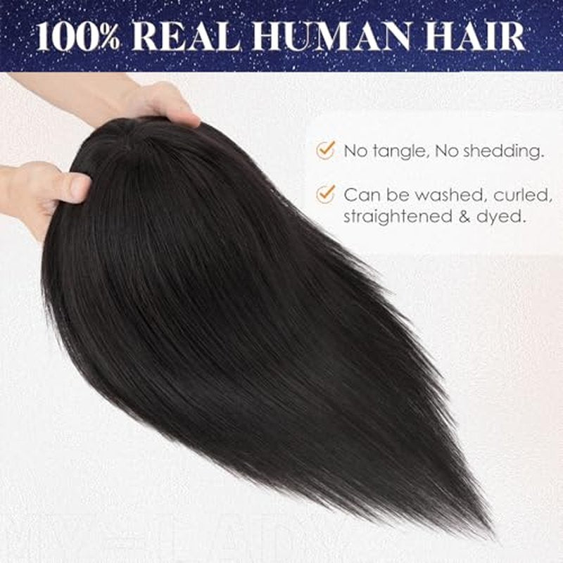 MY-LADY Human Hair Toppers for Women Real Human Hair with Bangs Thin 9 * 12CM Lace Base Clip in Remy Hairpieces Hand-Tied Light Weight 12 Inch Natural Black