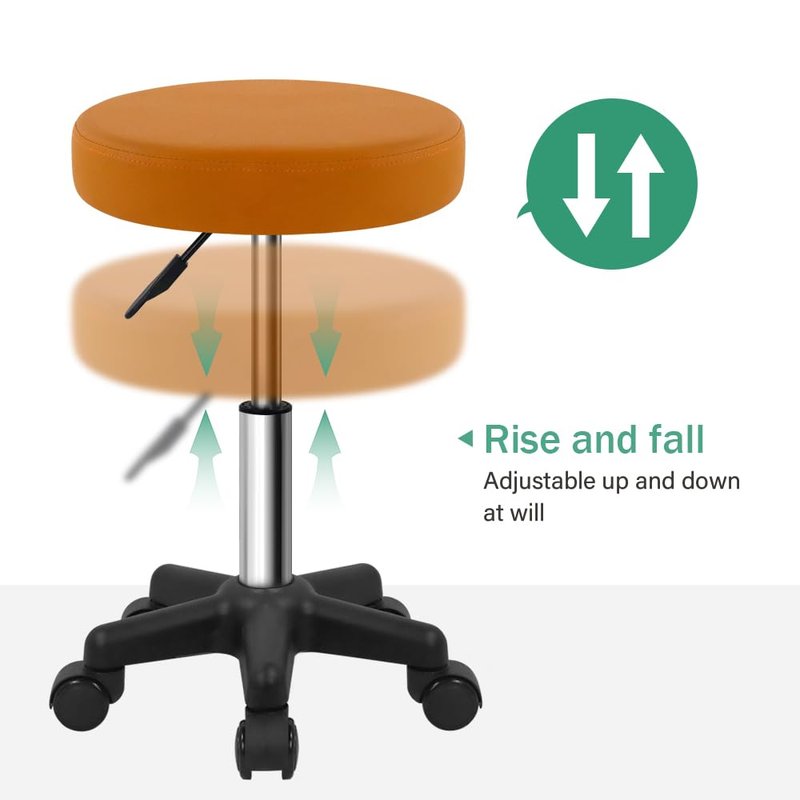 FURWOO Round Rolling Stool Height Adjustable Stool with Wheels for Spa Salon Massage Pale Brown