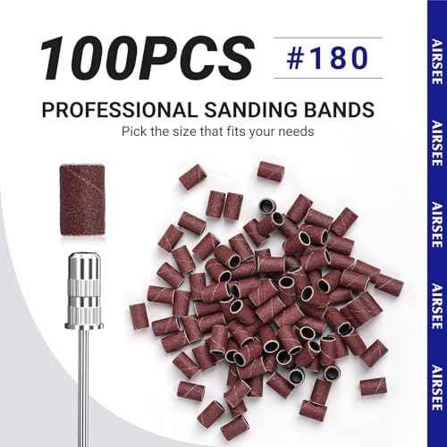 AIRSEE Sanding Bands for Electric Nail Drill 100 Piece Set 180 Grit Medium Acrylic File Attachments Professional Sander 1 Mandrel Bit Beauty Salon Accessories Manicure and Pedicure Finger Callus Brown