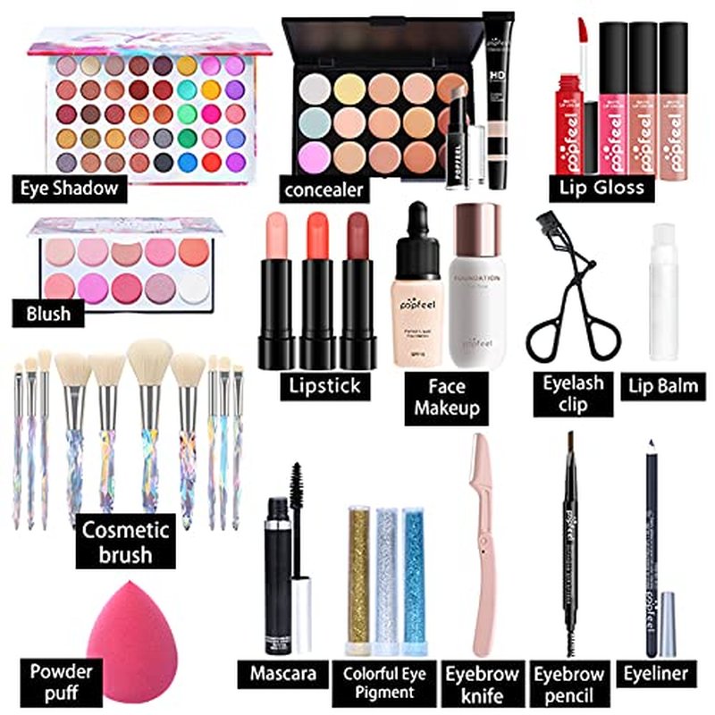 All-in-One Makeup Gift Set Travel Makeup Kit Complete Starter Makeup Bundle Lipgloss Lipstick Concealer Blushes Powder Eyeshadow Palette Cosmetic Palette for Teen Girls & Adults #17