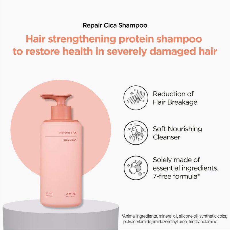 AMOS PROFESSIONAL Repair Cica Shampoo l Repairs, Strengthens, & Nourishes for Split Ends & Breakage, Reverse Hair Damage from Bleach, Color, Chemical Services, 16.9 fl. oz.