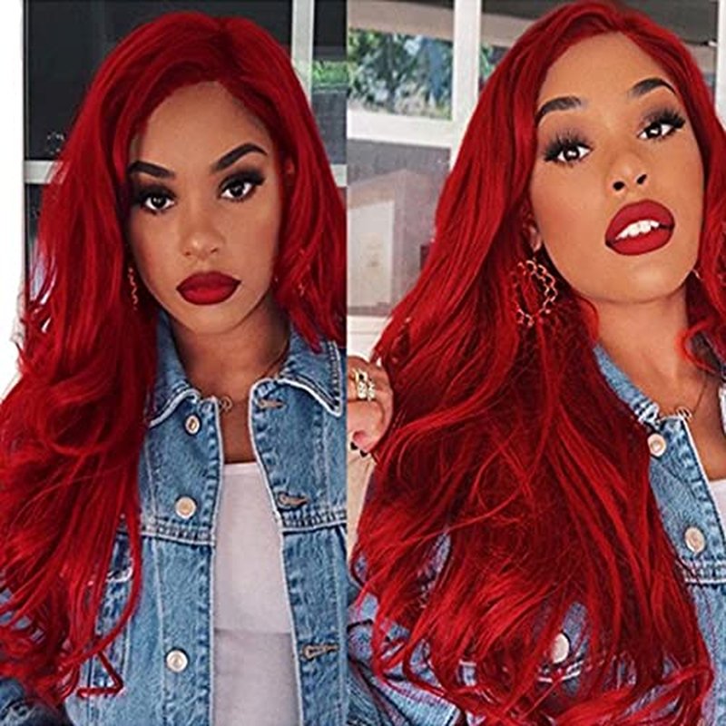Red Lace Front Wigs for Women Long Curly Wavy Middle Part Natural Looking Wig for Party Cosplay Halloween Daily Use