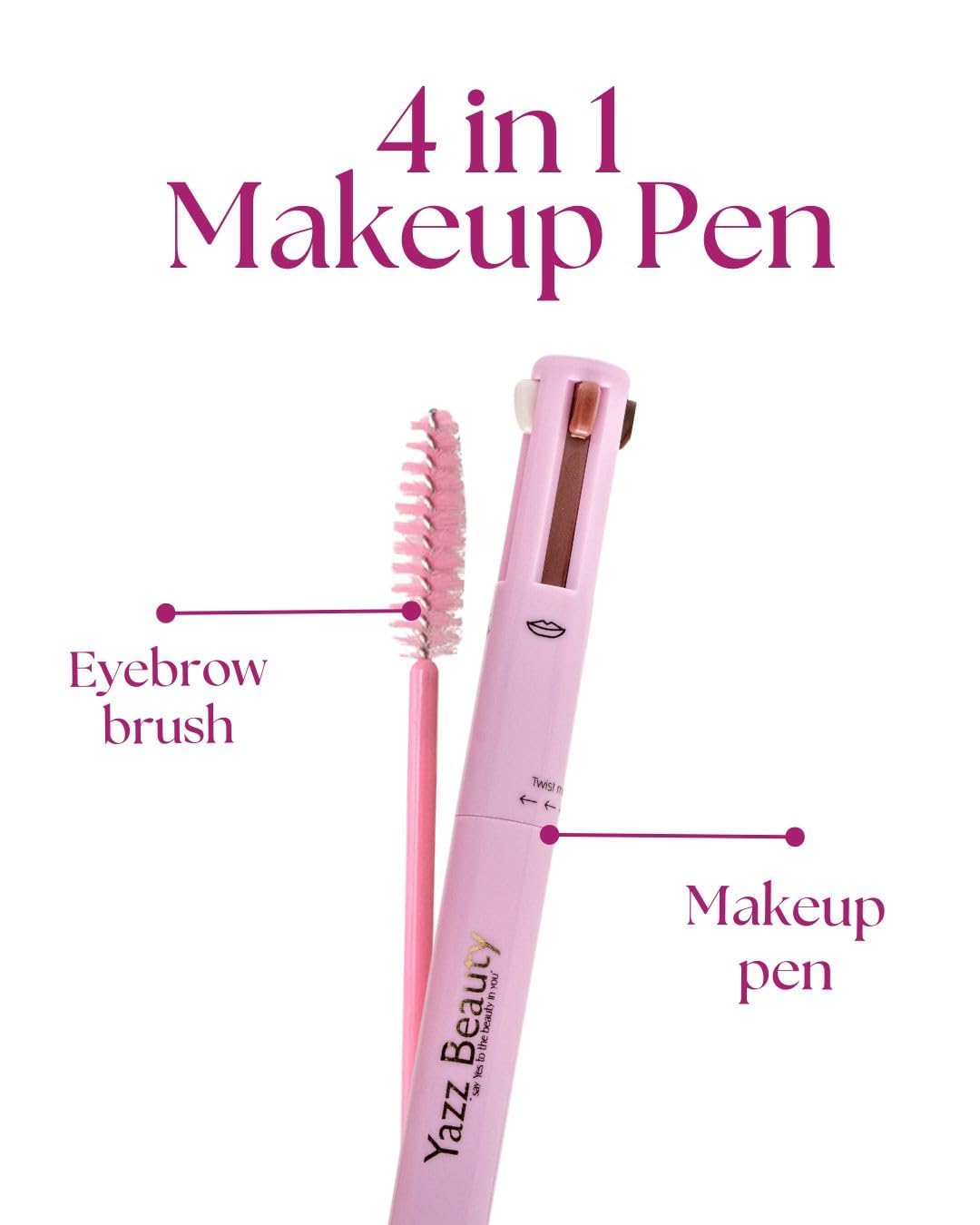 YazzBeauty - 4 in 1 Makeup Touch Up Pen with Brown Mauve Lip Liner, Black Eyeliner, Dark Brown Eyebrow Pencil, and Champagne Gold Highlighter, Compact Beauty Pen, Smudge Proof, Vegan, Cruelty-Free