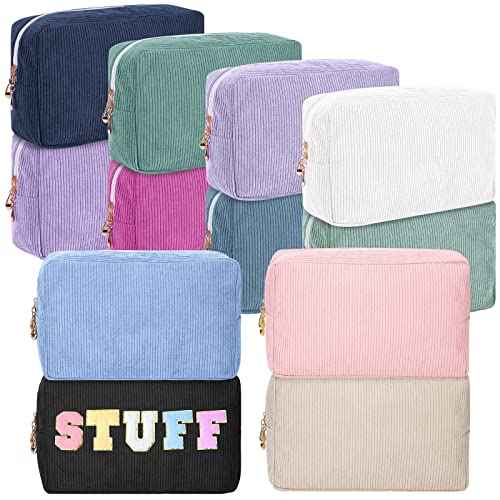 Amylove 12 Pcs Christmas Corduroy Makeup Bag Large Capacity Preppy Cosmetic Bag Bulk DIY Daily Use Plain Portable Makeup Pouch Travel Purse Organizer Storage for Women Xmas Gift(Mixed Colors)