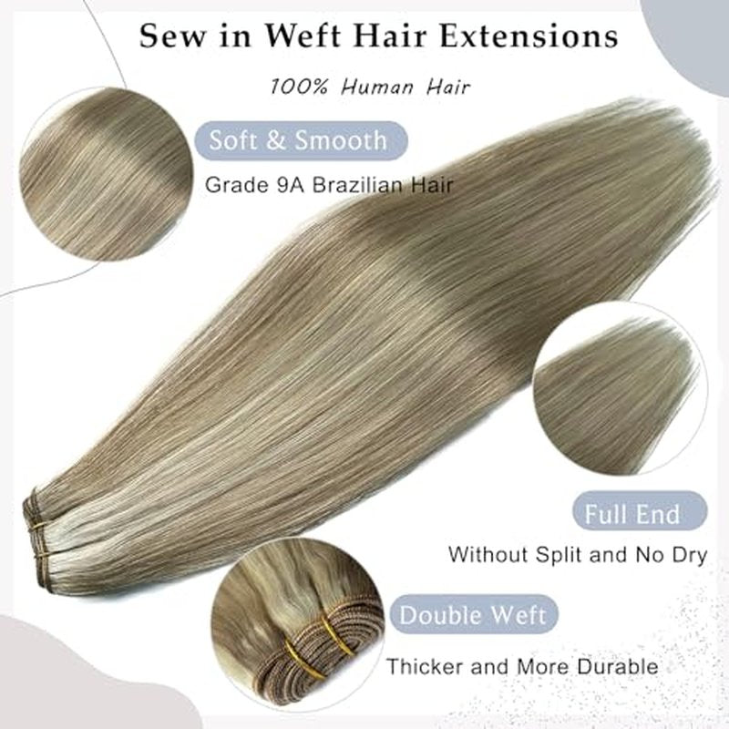 Balayage Ash Blonde to Blonde Highlights Sew in Hair Extensions Real Human Hair, 16 Inch 100G Weft Hair Extensions Human Hair, Hand Tied Weft Hair Extension Human Hair Weave Bundles Sew in Extensions