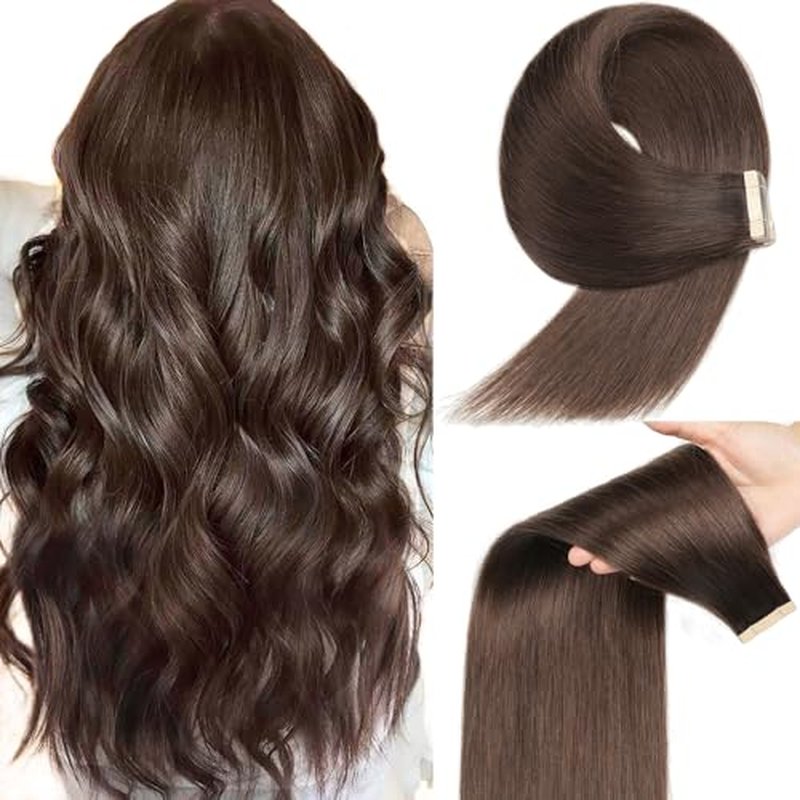 YDDM 20 Inch Tape in Hair Extensions Human Hair, Dark Brown 20pcs 100% Remy Human Hair Straight Seamless Invisible Tape in Hair Extensions(2#, 20 Inch)