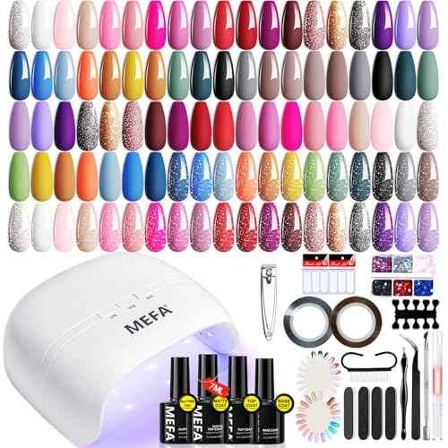 MEFA Gel Nail Polish Kit with U V Light, 32 Colors All Seasons Soak Off 60 Pcs Gel Polish Nail Set with Matte/Glossy Glitter Base Top Coat Manicure Tools Nails DIY Decorations Gifts for Women
