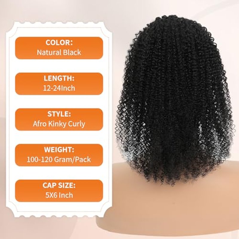 Afro Kinky Curly Ponytail Human Hair 150% Density Brazilian Virgin Hair 4C Afro Puff Drawstring Ponytail Extension for Black Women Natural Color 16 Inch