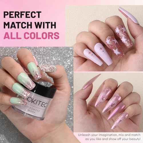 Aokitec Starry Pink Glitter Colors Dip Powder, 1OZ Glitter Pink Dip Powder for French Manicure Nail Starter & Professional Home DIY Salon Use Shinny Dip Nails Long-lasting 28 Days